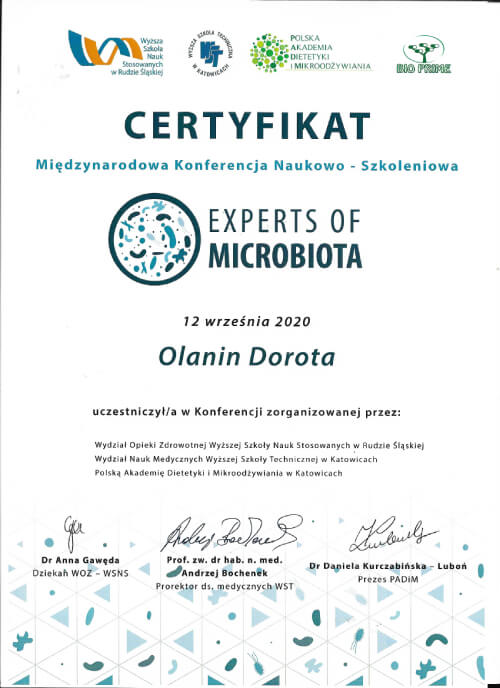Certyfikat  - experts of microbiota